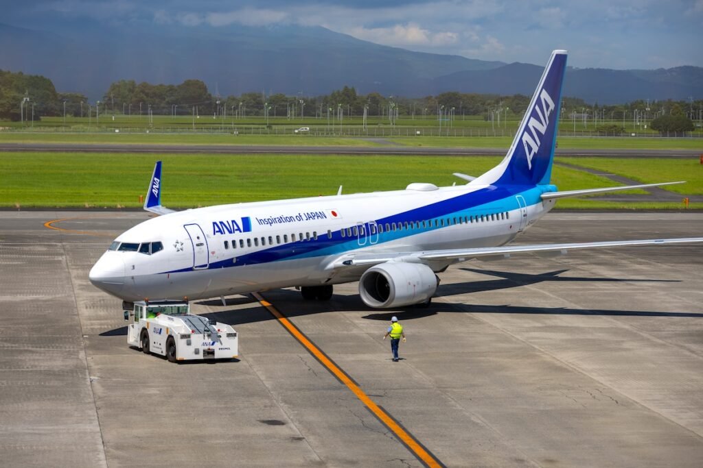 Japan - All Nippon Airways Boeing 737-800 at Kagoshima Airport in Kirishima, Kagoshima Prefecture, Japan.