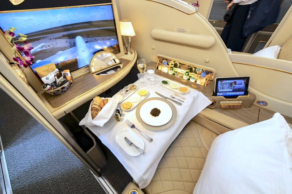 Luxury passenger menu with caviar in First Class onboard of Emirates Airbus A380 airliner. best airlines