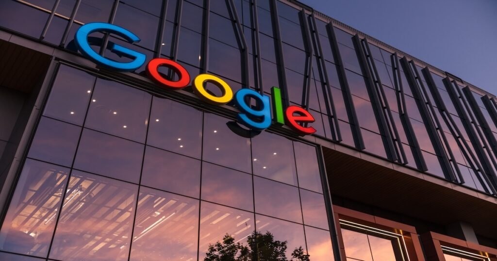 The South Lake Union Google Headquarter entrance at sunset.