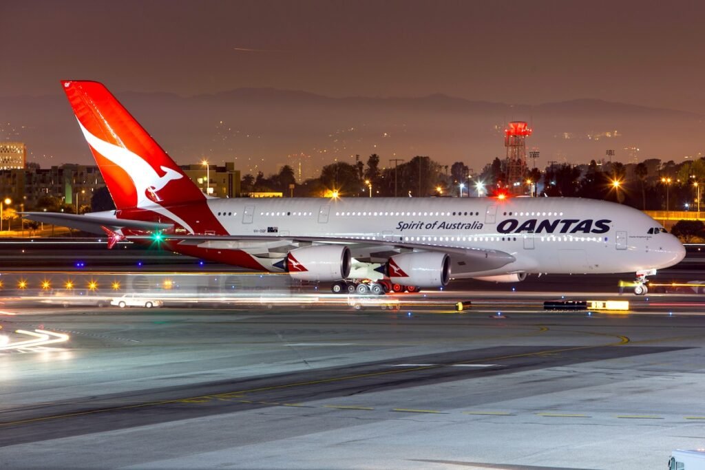 Qantas Airways A380 during engine startup at the Los Angeles International Airport.