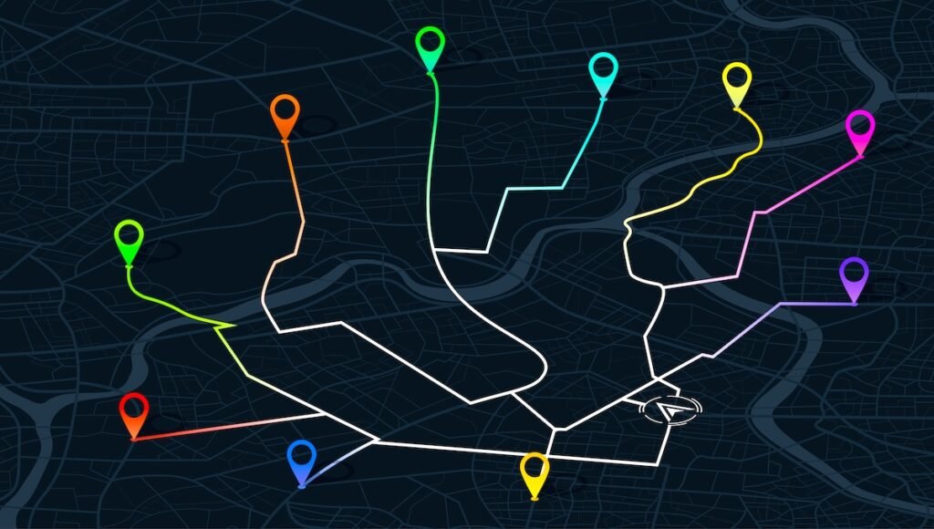 Multiple destinations, isometric. Gps tracking map. Track navigation pins on street maps, navigate mapping. top megabus routes