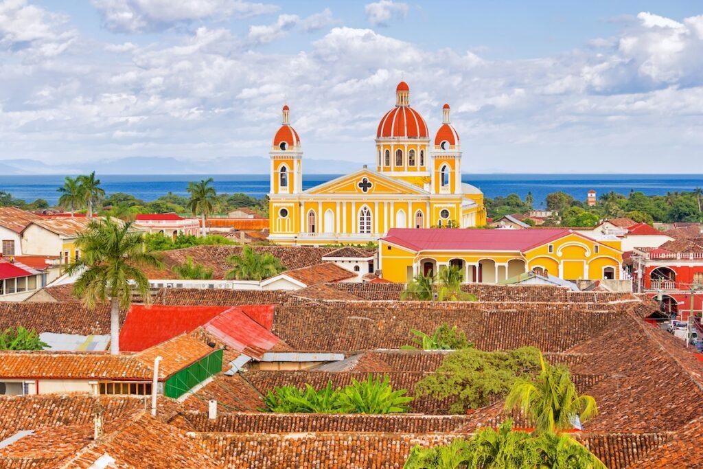 Stock photograph of the city of Granada and the landmark Cathedral of Granada in Nicaragua.