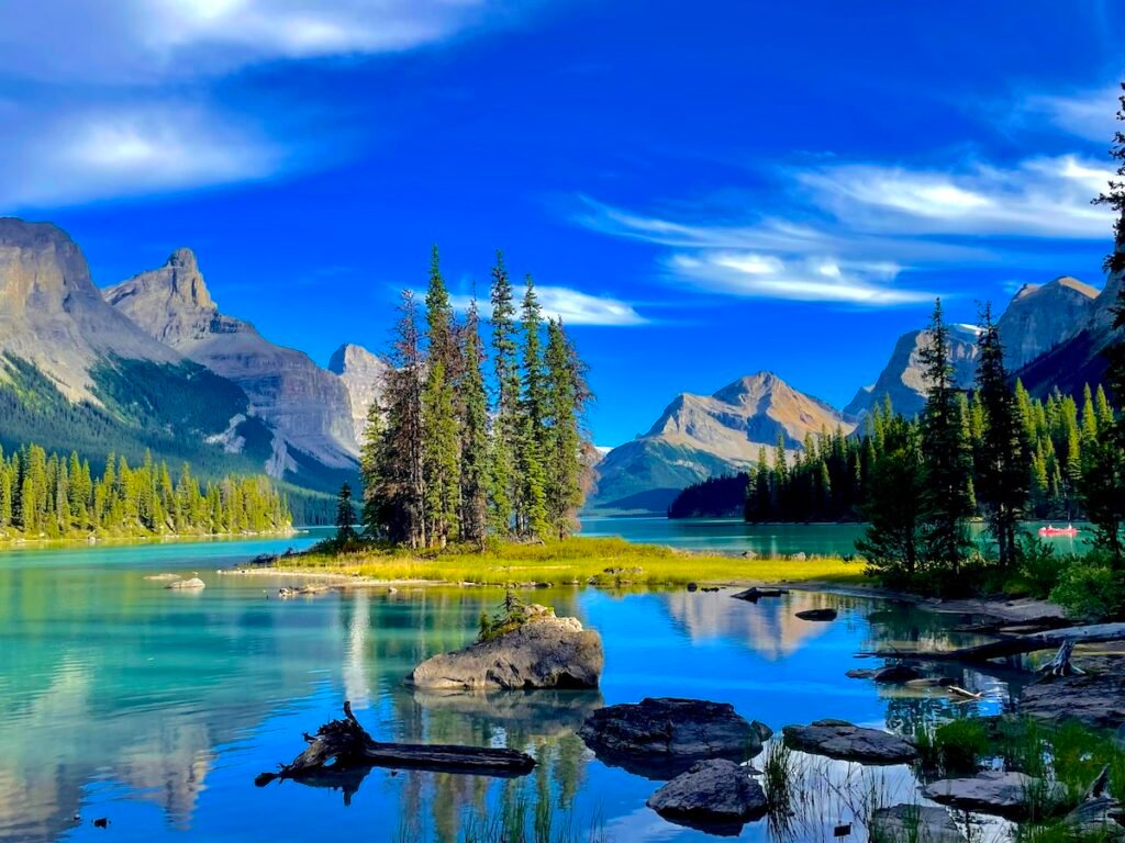 View of Spirit Island on Maligne Lake from boat ride in Jasper National Park Canada