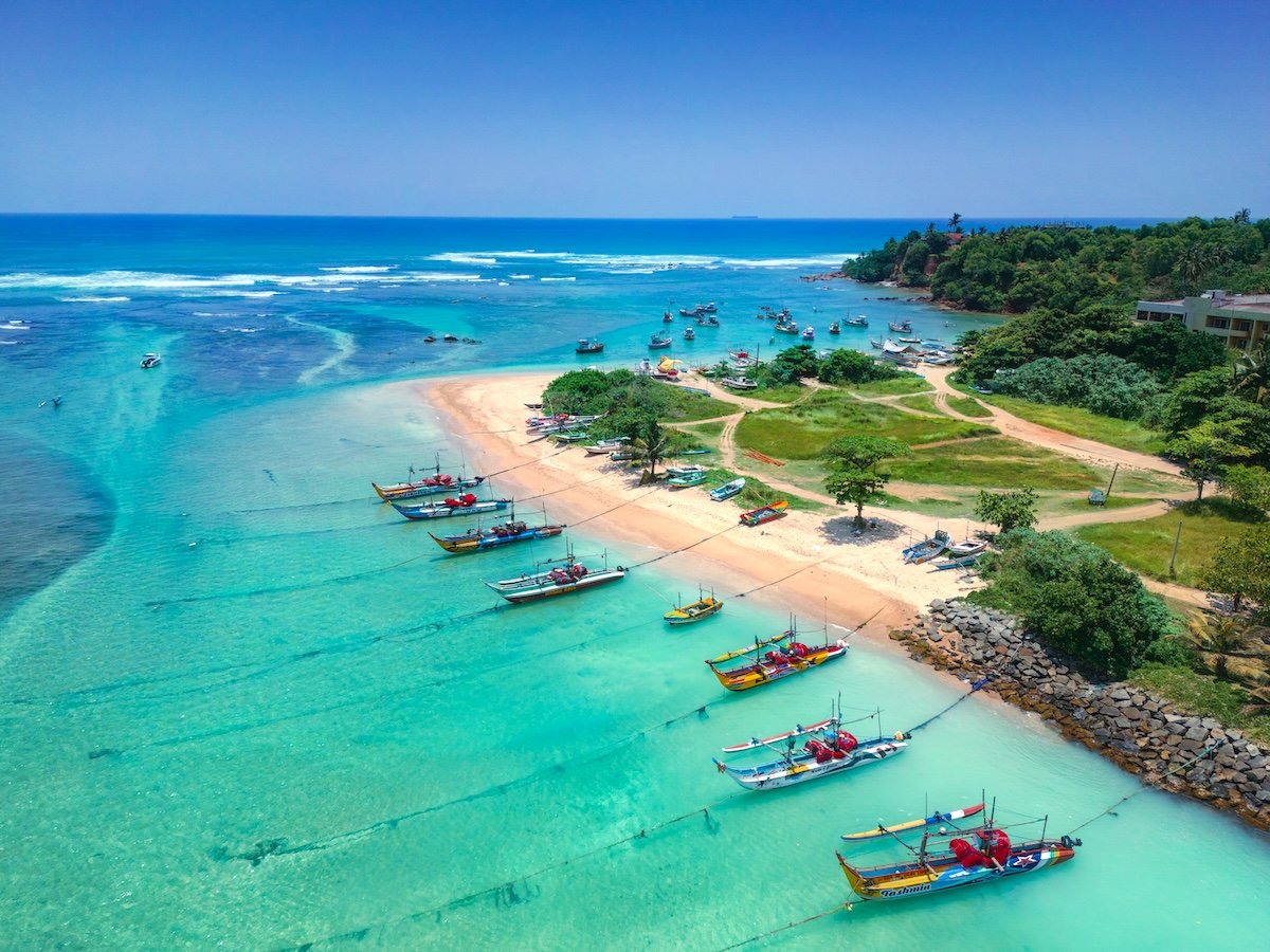 Aerial view of famous beach of the south coast of Sri Lanka, area near the town of Weligama. High quality photo