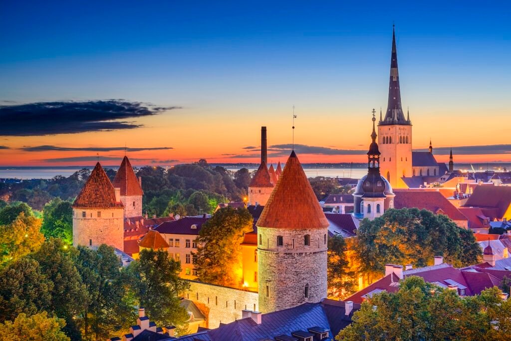 Tallinn, Estonia old city skyline at dawn.