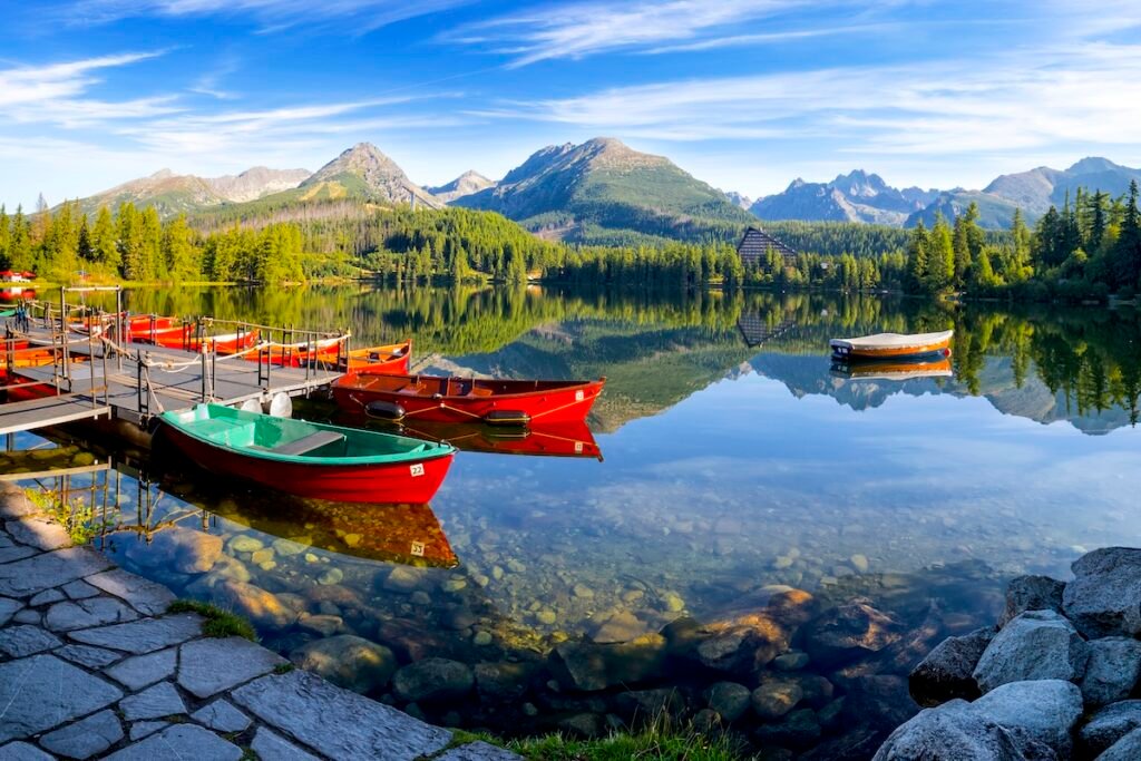 Summer morning at the Strbske Pleso mountain lake, National Park High Tatra, Slovakia