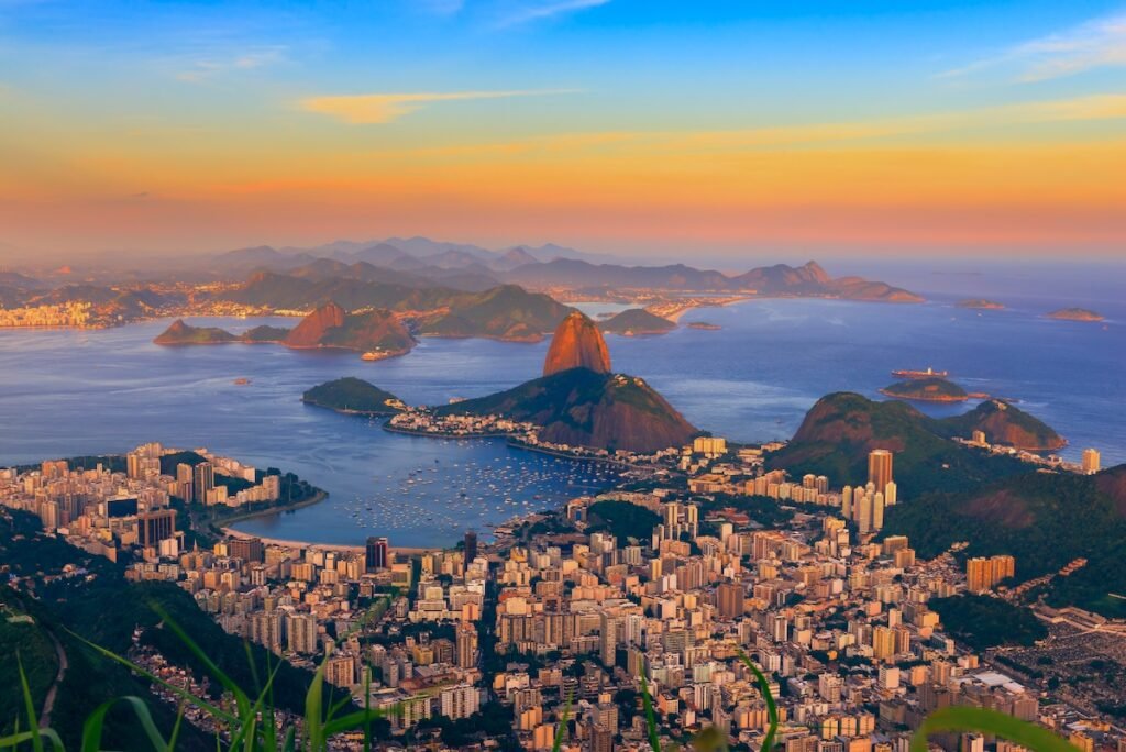 Sunset view of mountain Sugar Loaf and Botafogo in Rio de Janeiro. Brazil