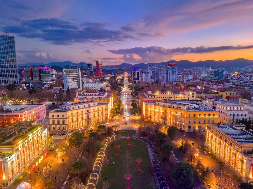 Aerial view of Tirana, Albanian Capital at sunset, dusk Top 10 Cheap Places To Travel Now: Explore The World On A Budget #Part 2