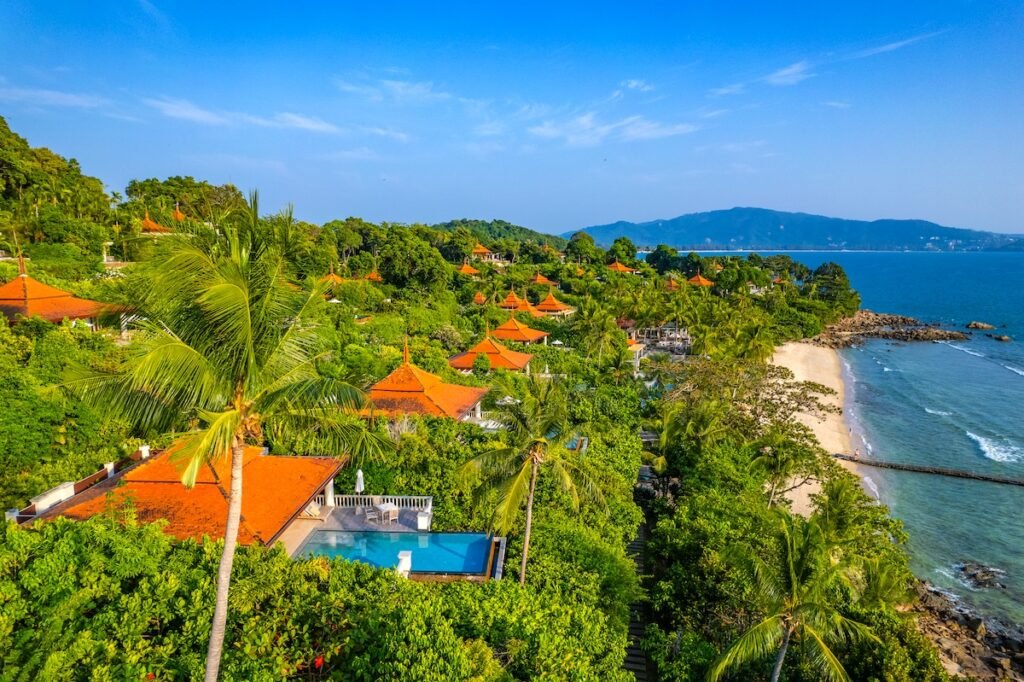 Aerial view at trisara beach in Bang Tao, Phuket, Thailand, south east asia