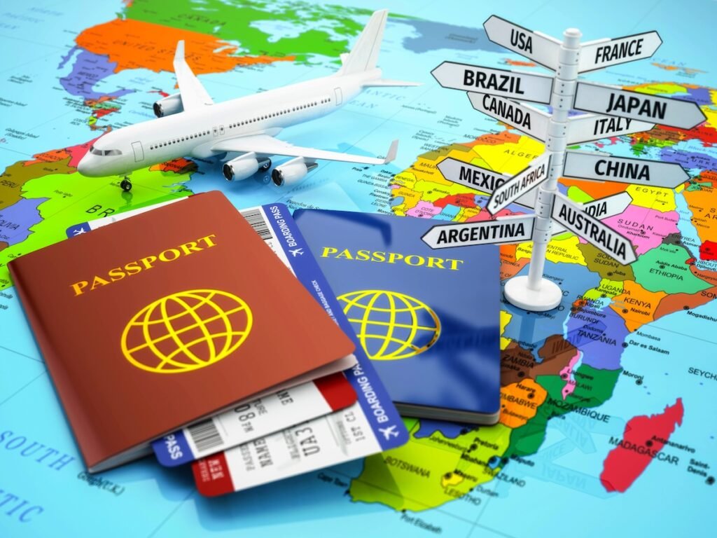 tourism concept. Passport, airplane, airtickets and destination sign on the map. 