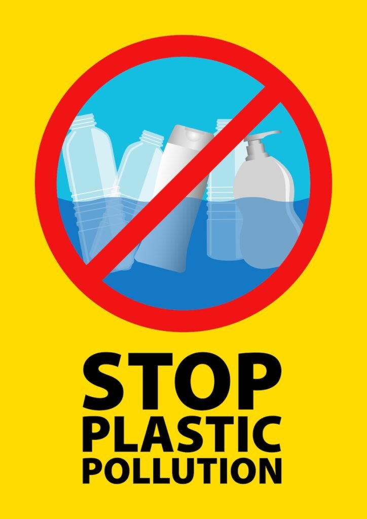 Graphic of plastic bottles floating in water with crossed lines, symbolizing environmental pollution and the global plastic waste crisis