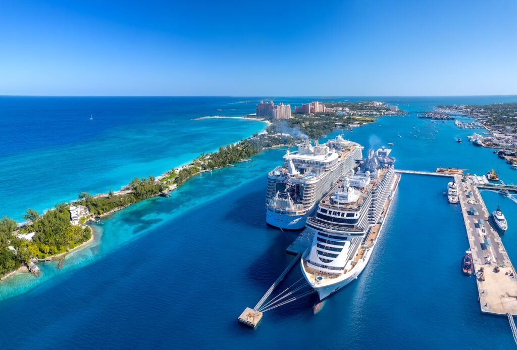 Nassau, Bahamas- The drone aerial view of Paradise Island and Nassau port, Bahamas.