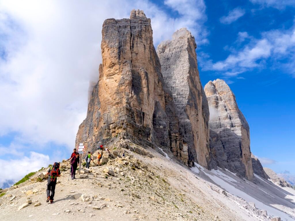 Amazing view of the wonderful 3 Cime di Lavaredo from the hiking trail. Dolomites in Italy. Wonderful nature contest. Alpine landscape. Western Alps. summer time