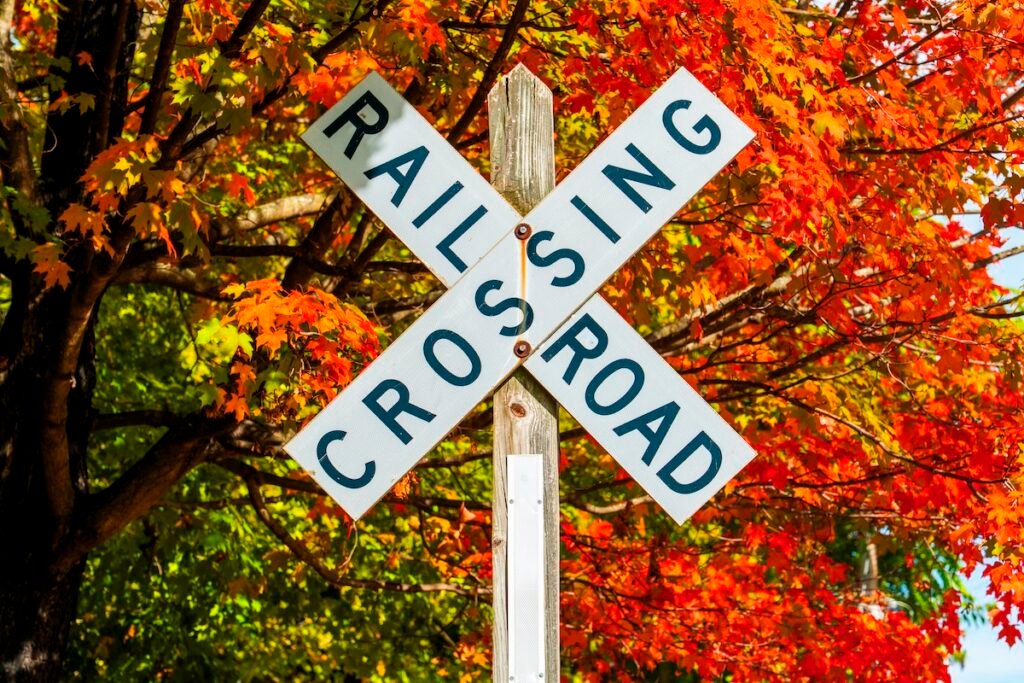 A railroad crossing sign in the fall