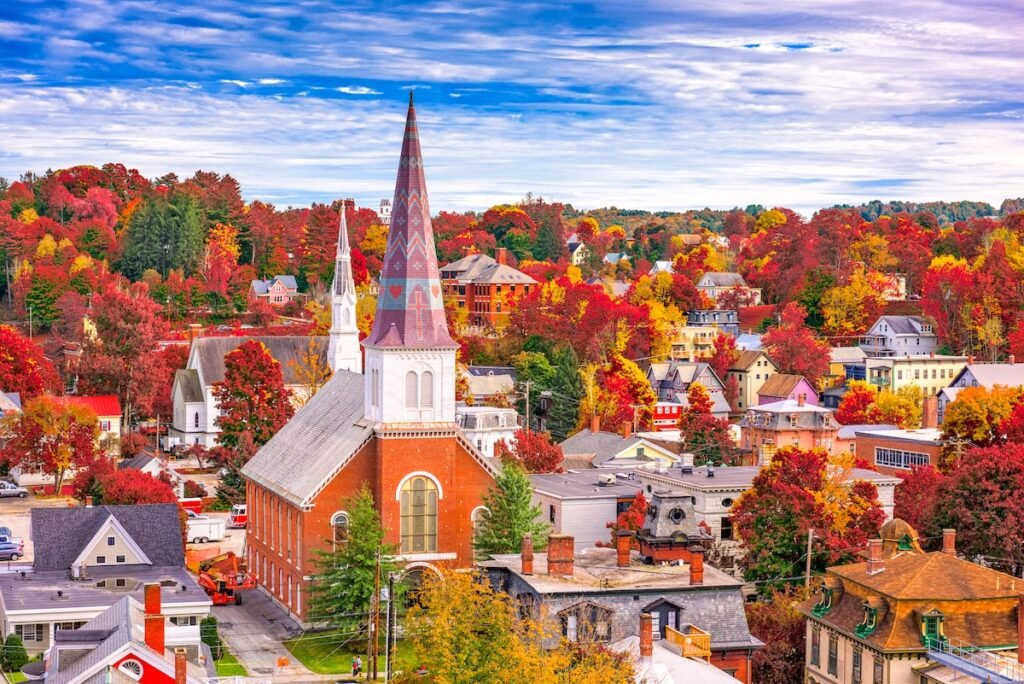 Vermont fall Montpelier, Vermont, USA town skyline in autumn.